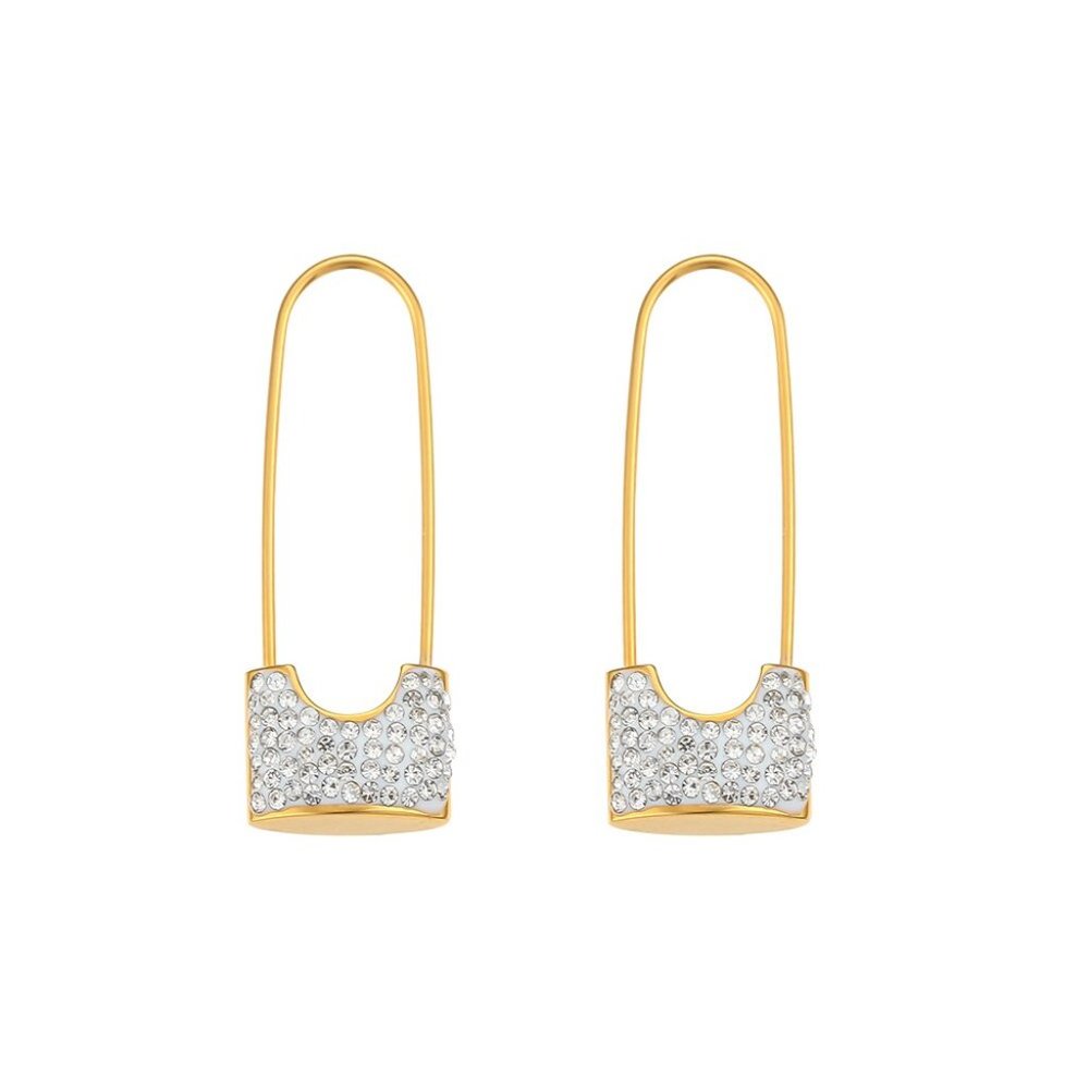 Safety Pin Lock White Zircon Dangle Earrings 18K Gold Plated Stainless - Picture 9 of 9